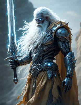 The primary subject of the image is a man dressed in a suit of armor, holding a sword. He has long white hair and a beard, giving him a wise and powerful appearance. The setting is a rocky outdoor environment, with the man standing in front of a mountain. The visual style is a digital art illustration, which adds a sense of fantasy and adventure to the scene. The colors and mood of the image are predominantly dark and dramatic, with the man's armor and the rock